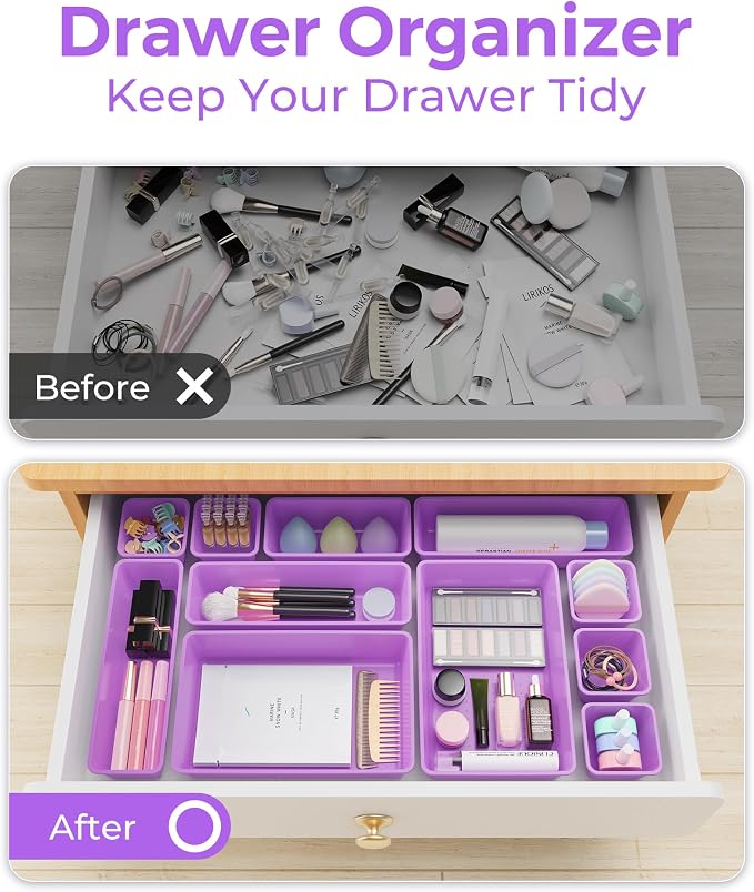 BiuLeon 25 PCS Plastic Drawer Organizers Set, 4-Sizes Vanity and Makeup Organizer, Desk and bathroom Drawer Organizer Trays, Organizers and Storage for Makeup, Jewelry, Gadgets, Utensils (Purple)