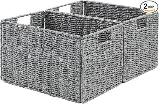 Vagusicc Wicker Storage Basket, Set of 2 Hand-Woven Paper Rope Wicker Basket, Small Storage Baskets for Organizing Toilet Paper Basket, Foldable Large Cube Storage Organizer Bins for Shelves (Grey)