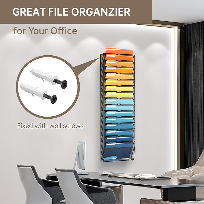 17-Tier Hanging Wall File Organizer with Hooks for Office Organization | Mesh Wall File Holder, Mail Organizer Wall Mounted for Papers, Documents, Folders and Magazines in Home Office, Classroom