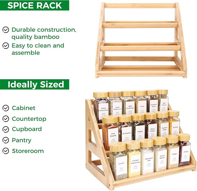 Spice Rack, Spice Organizer -3 Tier Bamboo Spice Racks, Solution for Spice Storage in Kitchens, Countertops，Storage Rooms and Other Places