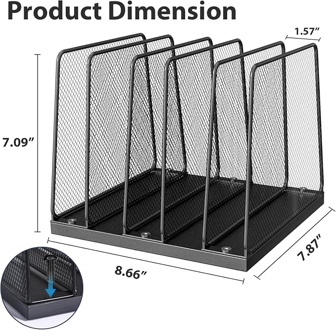 LEKETREE Desk File Organizer, 5-Section Upright File Sorter, Vertical File Folder Holder, Mesh Metal Wood Office Desktop Organization for Document, Magazine, Books and more (Black)