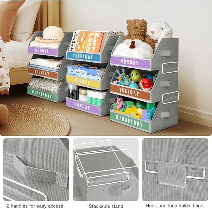 Closet Organizers and Storage - 5 Tier Shelf Organizer with Weekly Labels, Stackable Storage Bins with Metal Frame, Foldable Cube Bins, Home Baskets for Kids and Adults, Grey