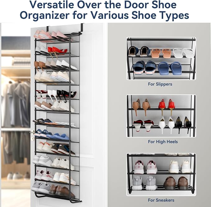 Whitmor 36 Pair Over The Door Shoe Organizer, 12 Tier Hanging Shoe Organizer, Heavy Duty Metal & Mesh Shoe Holder, Hanging Shoe Rack for Closet Organizer, 74" L x 21.7" W x 7.5" H, Matt Gunmetal