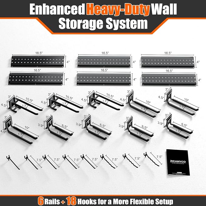 Garage Tool Organizer Wall Mount 99 inches with 18 Adjustable Heavy-Duty Hooks, Garage Organization, Garden Tool Storage Rack for Garage, Yard, and Shed, Holds Up to 750 lbs