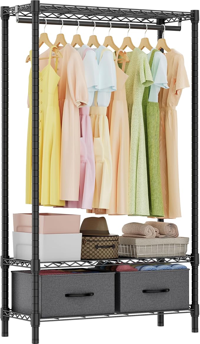 M MZG Heavy Duty Rolling Garment Rack 3 Tiers Adjustable Wire Shelving with Rod, Storage Closet Clothing Rack with Drawers Dark Grey, 15.8" D x 35.5" W x 72.4" H
