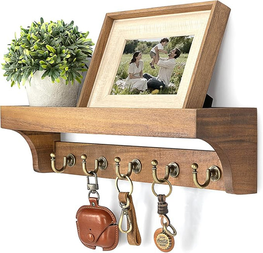 Rebee Vision Acacia Wood Key Holder Wall Mount for Room Decor, Brown | 5 Key Hooks, Cute Item Display, Retro Key Holder for Wall, Stylish Apartment Storage, Practical Everyday Organization