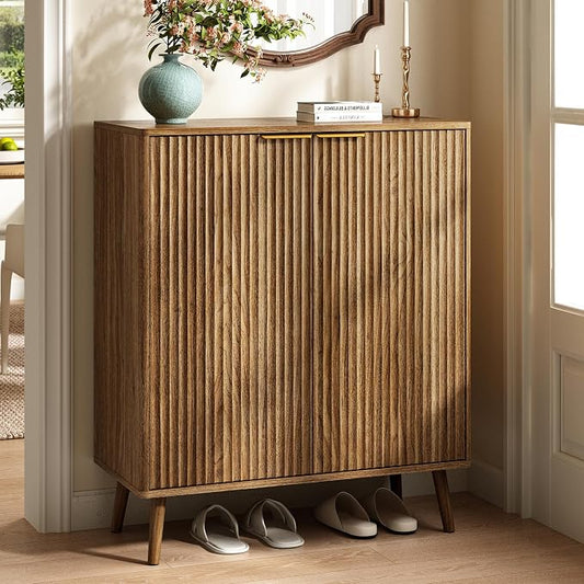 Fluted Shoe Cabinet with Doors, 5-Tier Shoe Storage Cabinet with Adjustable Shelves, Wooden Freestanding Shoe Organizer Shoe Cabinet for Entryway,Hallway,Living Room, Natural Oak