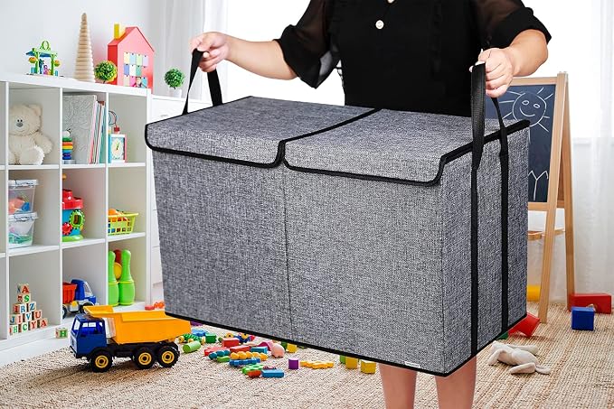 YOLOXO Large Kids Toy Box Chest Storage organizer with Double Flip-Top Lid - Collapsible Sturdy Toy Organizers And Storage Bins With Big Handles For Nursery, Playroom, 26.8"x13.8"x16"(Grey)