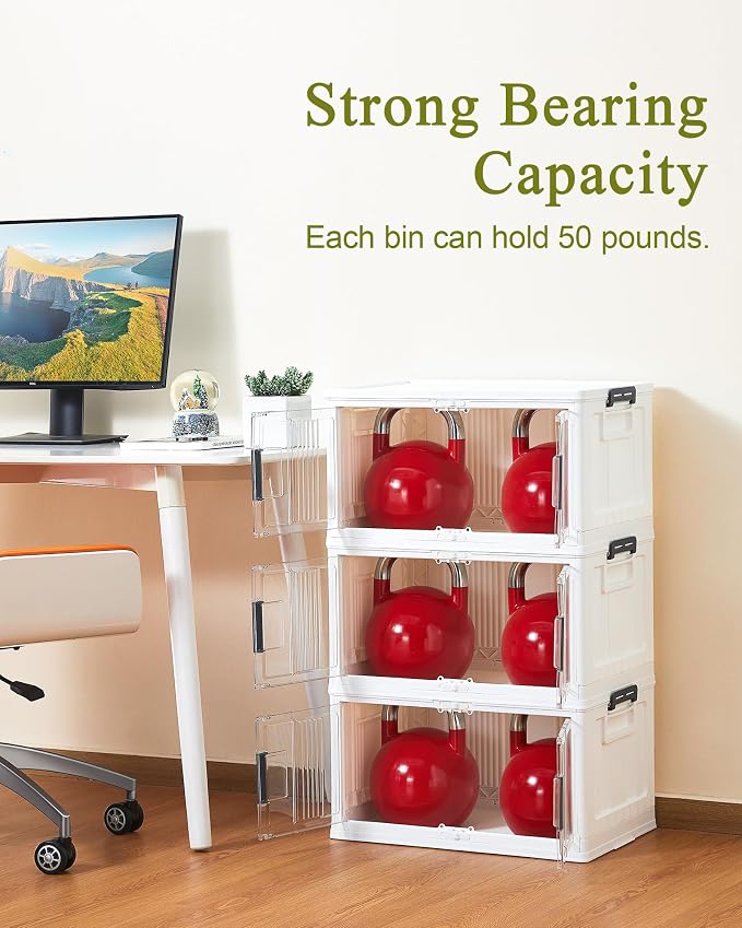 OlarHike 48QT Lockable Stackable Storage Bins with Lids - Folding Storage Boxes with Doors & Wheels, Collapsible Plastic Box for Home, Dorm, Office, Closets, School, Stackable Organizers, 6 Pack Cubes