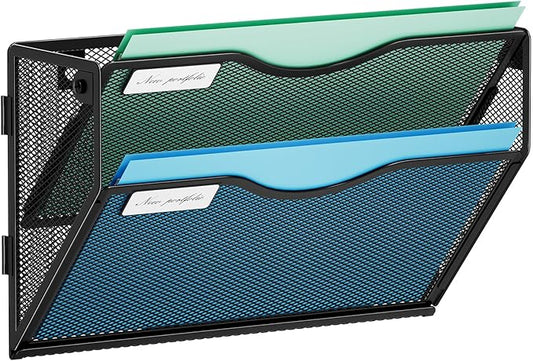 Marbrasse Wall File Holder 2-Tier Hanging Wall File Organizer, Mesh Mail Holder for Papers, Wall Mount File Clipboard & Magazine Organizer Great for Office Home (Black)