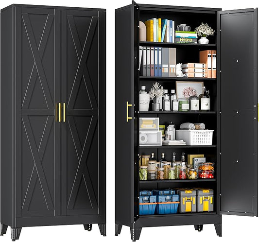 75" Metal Storage Cabinet with 2 Doors and 5 Adjustable Shelves,Black Farmhouse Kitchen Pantry Cabinet,Steel Garage Tool Cabinet,File Cabinetfor Home,Office,Dinning Living Room,Warehouse
