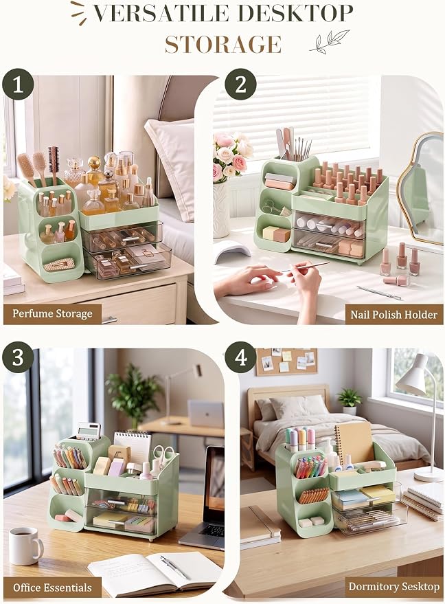 Makeup Organizer with Drawers,Large Capacity Countertop Organizer for Vanity,Bathroom and Bedroom Desk Cosmetics Organizers,Easy To Storage Skincare,Brushes,Lotions (Green)