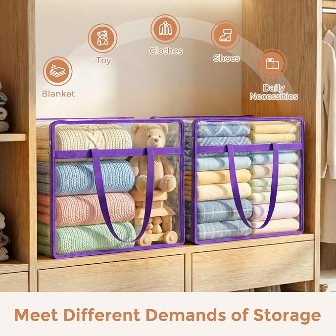 4 Pack Clear Storage Bags for Clothes, 40L Closet Organizers and Storage | Plastic storage with zipper and handle, moving bags, under-bed storage, closet organizer for blankets, comforters, toys