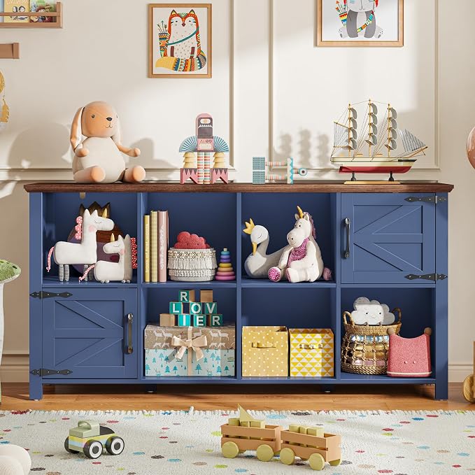 Vabches Wooden Toy Storage Organizer for Kids, Farmhouse Book & Toy Organizer with 6 Open Shelving & 2 Doors, 8-Cube Toy Shelf for Kids’ Room, Playroom & Classroom, Blue and Brown