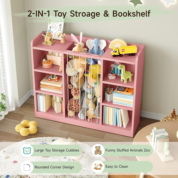 2-in-1 Toy & Stuffed Animal Organizer, Kids 6-Cube Storage Shelf with Rounded Corners & Anti-Tip for Playroom Bedroom