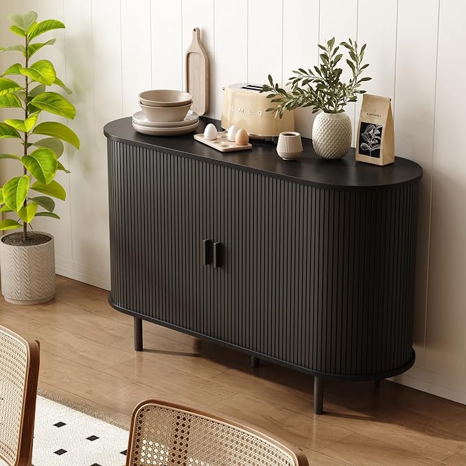 48" Sideboard Buffet Cabinet with Storage, Storage Cabinet with Sliding Door & Adjustable Shelf, Modern Accent Coffee Bar Console Table for Kitchen, Entryway, Black