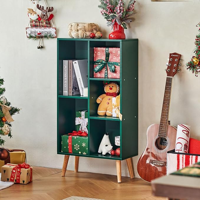 LEYAOYAO 5 Cube Bookshelf,Mid-Century Modern Bookcase with Legs,Dark Green | 3 Tier Book Shelf,Rustic Wood Bookshelves Freestanding Small Storage Organizer, Open Shelves for Bedroom, Living Room, Office