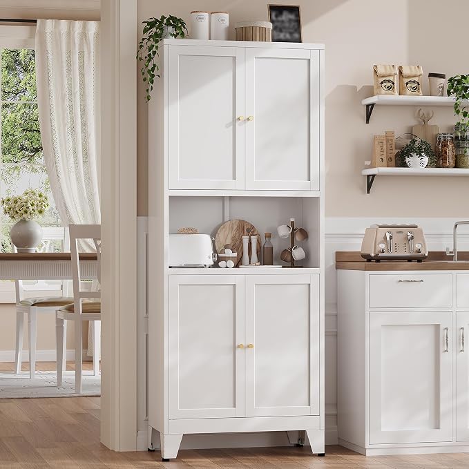 69" H Kitchen Hutch Cabinet with Storage,White Metal Storage Cabinet,Microwave Cabinet,Kitchen Pantry Cabinet with Countertop
