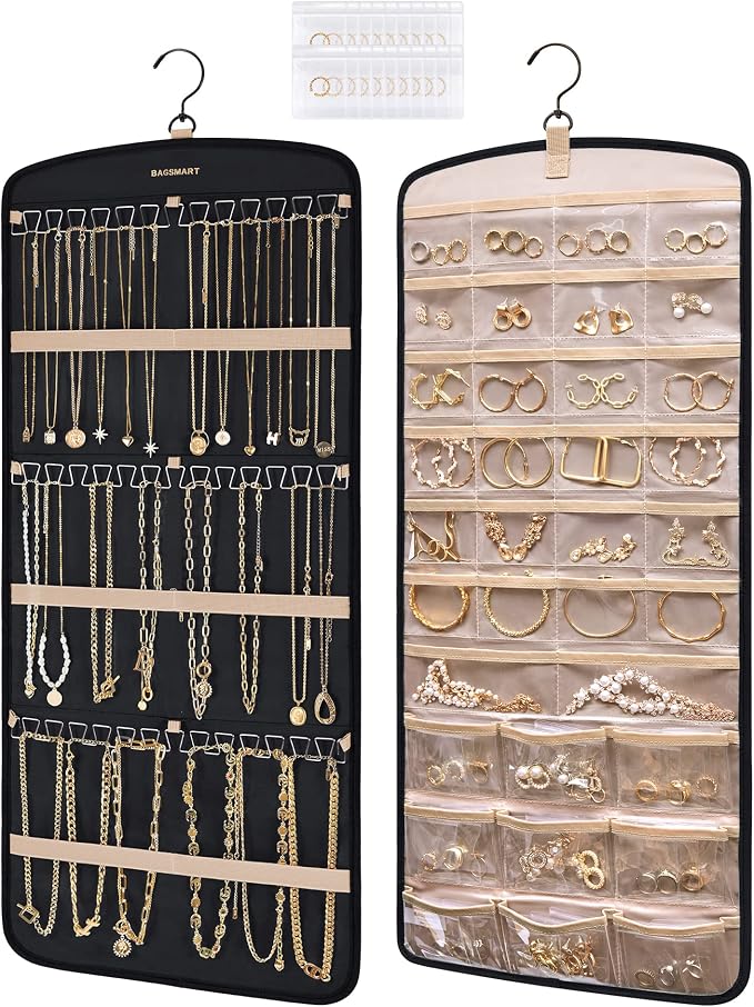 BAGSMART Hanging Jewelry Organizer, Necklace Holder Anti-tangle with Storage Bag,1 Piece, Large, Black