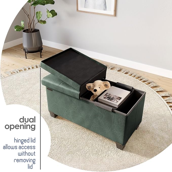 Storage Ottoman Bench with Bins, 30-in Storage Bench for Bedroom End of Bed, Folding Foot Rest Ottoman for Living Room Max 660lbs, Leather Ottomans, Green