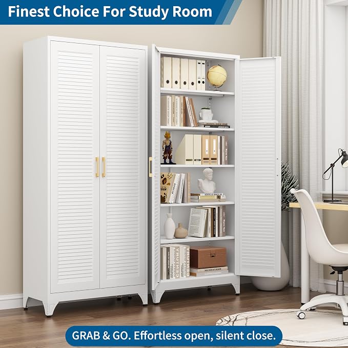 75" Tall White Metal Storage Cabinet with Doors, Heavy Duty | Freestanding Louvered Door Kitchen Pantry Cabinet, 5 Shelves (180 Lbs Load), Tall Steel Cabinets for Home and Office