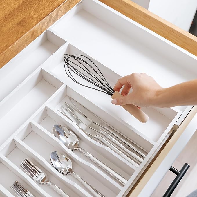 KitchenEdge Silverware & Utensil Drawer Organizer, 16-28 in, White Bamboo | Cutlery, flatware, food-safe contract grade, kitchen drawer fit