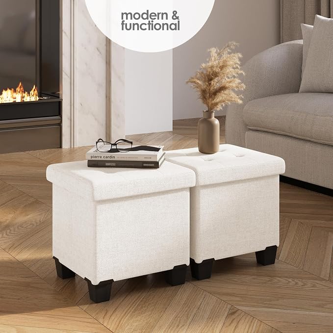 Storage Ottoman Cube with Small Bin, 15-in Square Ottoman with Storage for Living Room and Bedroom, Small Ottomans Foot Rest, Fabric Foot Stools Ottomans Max 330lbs, Cream