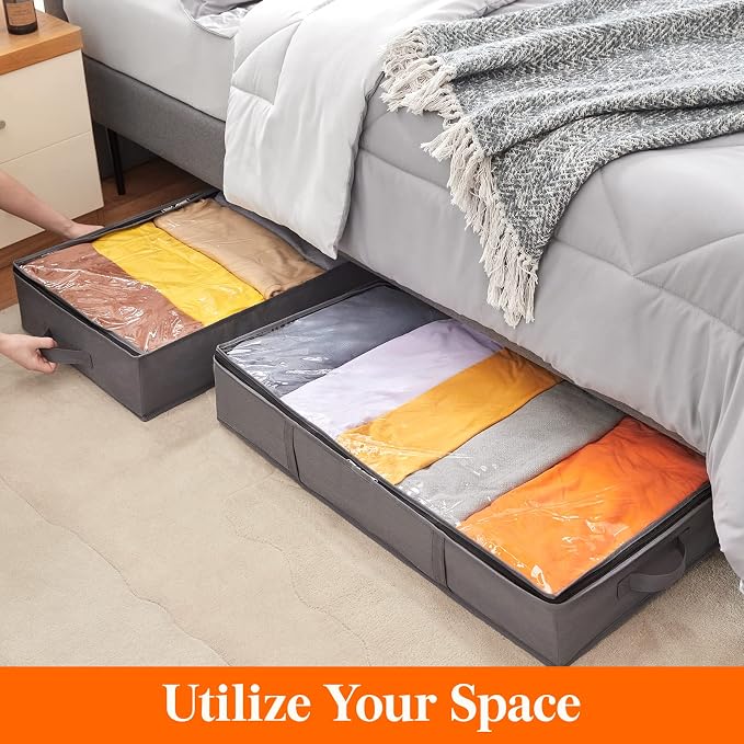 Lifewit Under Bed Storage Bag Organizer with Reinforced Handle Thick Fabric Clear Window Large Capacity Foldable Underbed Storage Container for Clothes Blankets Set of 6 Organization and Storage, Grey