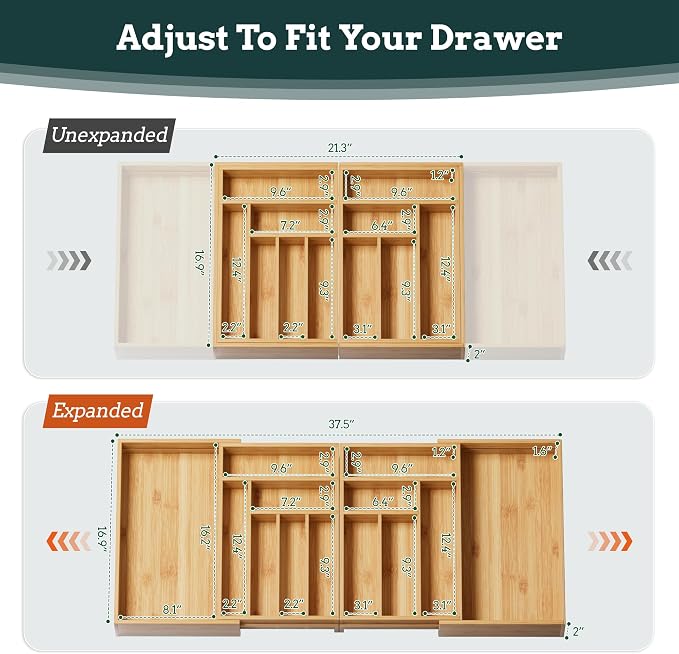 Silverware Organizer Large, Magnetic Connected Expandable 13 Slots Silverware Drawer Organizer From 21 to 37.4 Inches, Adjustable Flatware and Cutlery Holder, Bamboo Utensil Tray for Kitchen Natural