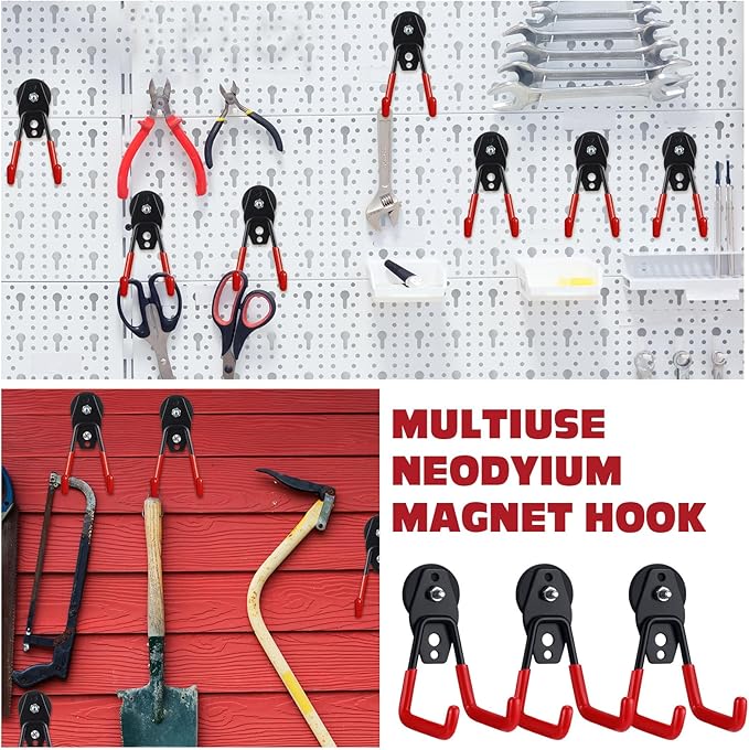 Landhoow 6 Pcs Large Magnetic Hooks Heavy Duty Garage Magnet Hooks Strong Storage Utility Magnetic Hangers with Anti Slip Rubber Coating for Indoor and Outdoor Hanging (Red)