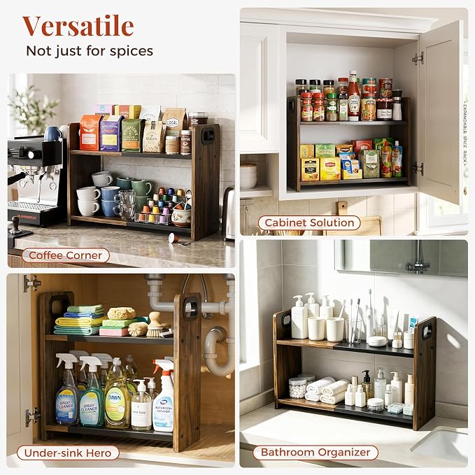 2-Tier Expandable Spice Rack Organizer for Countertop,15.2"-21.5" | Metal & Wood ,Adjustable Height Spice Racks Shelf for Counter Cabinet Coffee Station, Space-saving Kitchen Storage Shelves
