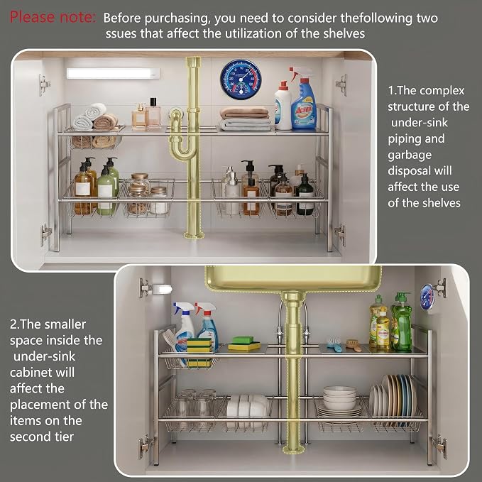 Under-Sink Organizer 2-Tier Expandable Cabinet Storage (5 panels 5baskets) | LED Motion-Sensing Auxiliary Lighting Dial Thermometer Stainless Steel Telescopic & Adjustable Rust-Resistant