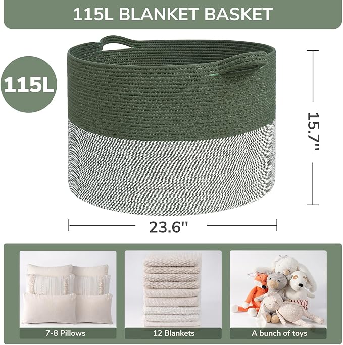 INDRESSME 115L Extra Large Woven Rope Blanket Basket Living Room Green | 23.6" x 15.7" Storage baskets for toys laundry & pillows. Fits living room, bedroom or nursery décor. Soft-touch with handles