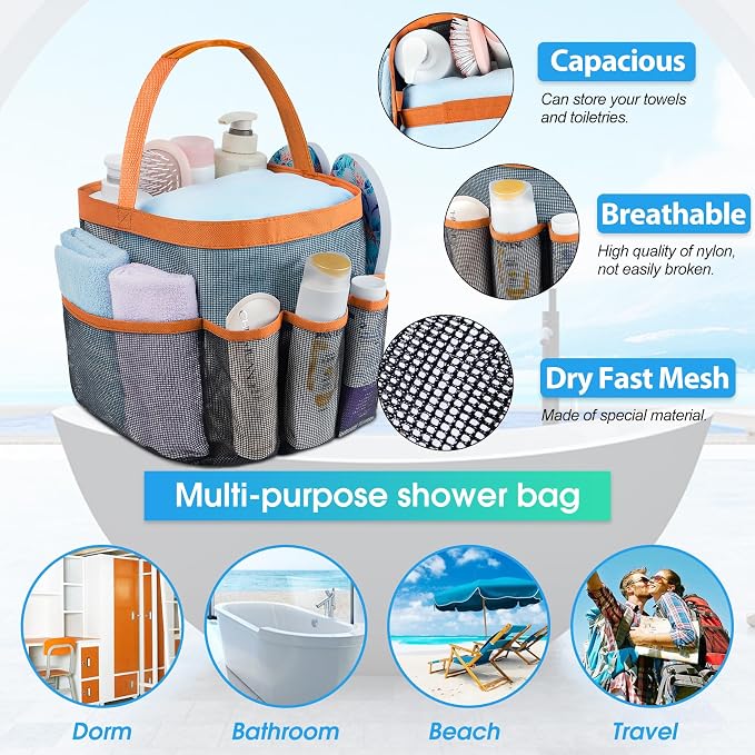 Mesh Shower Caddy Portable - 9 Pockets for College Dorm Room Essential | Large Capacity Mesh Shower Caddy with 9 Pockets, Portable Hanging Toiletry Bag for College Dorm, Gym, Camping and Beach