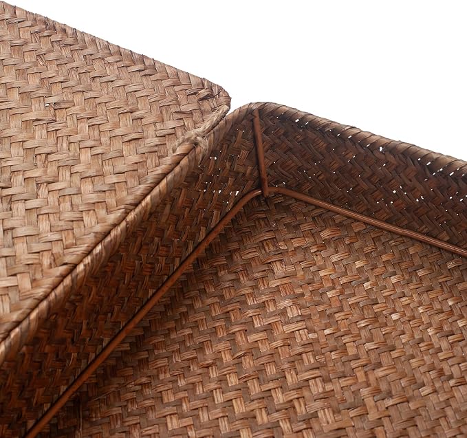 Seagrass Storage Baskets with Lids, Flat Wicker Basket, Shallow Woven Basket for Shelf, Decorative Storage Boxes for Organizing (Coffee)