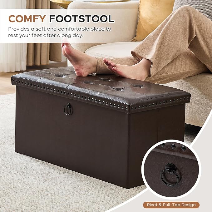 oakvivo 30 Inches Folding Storage Ottoman Bench, Ottoman PU Leather Tuffed End of Bed Bench, Foot Rest with Rivet Design, Ottoman with Storage for Living Room, Bedroom, Entryway, Coffee Brown