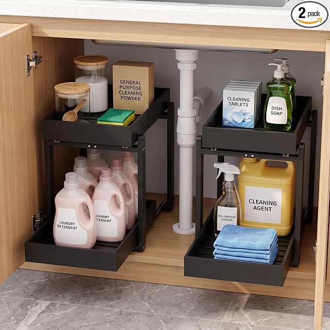 MHXW SXPN Bamboo Under Sink Organizer, 2 Pack Pull Out Cabinet Organizer | 2 Tier Vertical Smooth Slide Out Undersink Storage Shelf | Multi-Purpose Organizer Shelves for Kitchen Bathroom Medicine