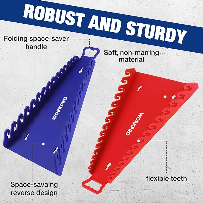 WORKPRO Magnetic Wrench Organizer, 15-Slot Gripper Wrench Holder | 2-Pack Wrench Rack for Tool Box, Fits SAE (1/4" to 1-1/16") and Metric (6mm to 27mm), Flexible Grips, Blue and Red