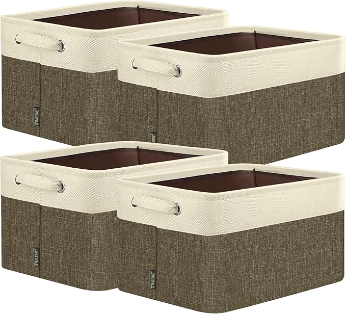 BALEINE 4 Pack Fabric Closet Storage Bins for Shelves, Linen Closet Organizers and Storage, Decorative Baskets for Organizing, Shelf, Clothes, Home, Office (Brown, 12"x8"x8")