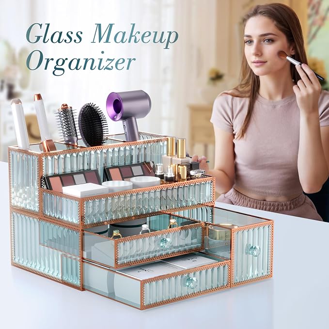 Youdepot Makeup Organizer Countertop - Tempered Glass Vanity Organizer for Cosmetics, Skincare, Hair Tools, Brushes, Perfume - Multipurpose Bathroom Counter Skincare Organizer | Vanity Organizer for Cosmetics, Skincare, Hair Tools, Brushes, Perfume, Mu...