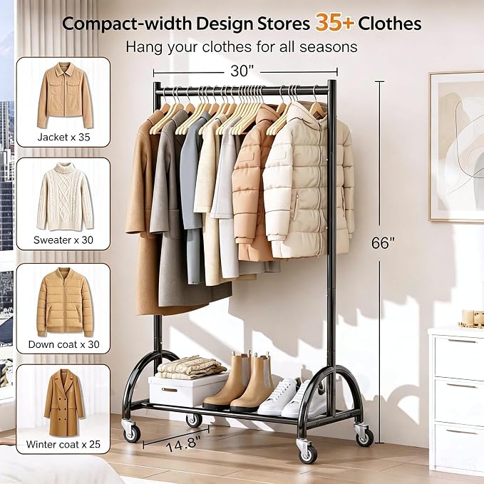MISSLO Heavy Duty Clothing Rack with Wheels Rolling Clothes Racks for Hanging Clothes, Coats, Garment, Dress, Black, 30" W