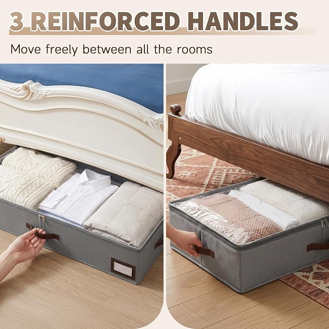OIAHOMY 2 Pack Under Bed Storage with Handles, Underbed Container for Bedroom & Closet, Fits Beds Higher than 6", Under the Bed Storage for Seasonal Clothes, Blankets & Shoes - Grey