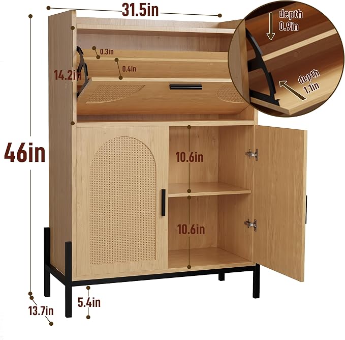 Shoe Cabinet Storage for Entryway, Narrow Wooden Shoe Organizer with Flip Drawer and Lower Double Door Cabinet, Rattan Shoe Cabinet with Metal Legs, 46 x 31.5 x 13.7 in