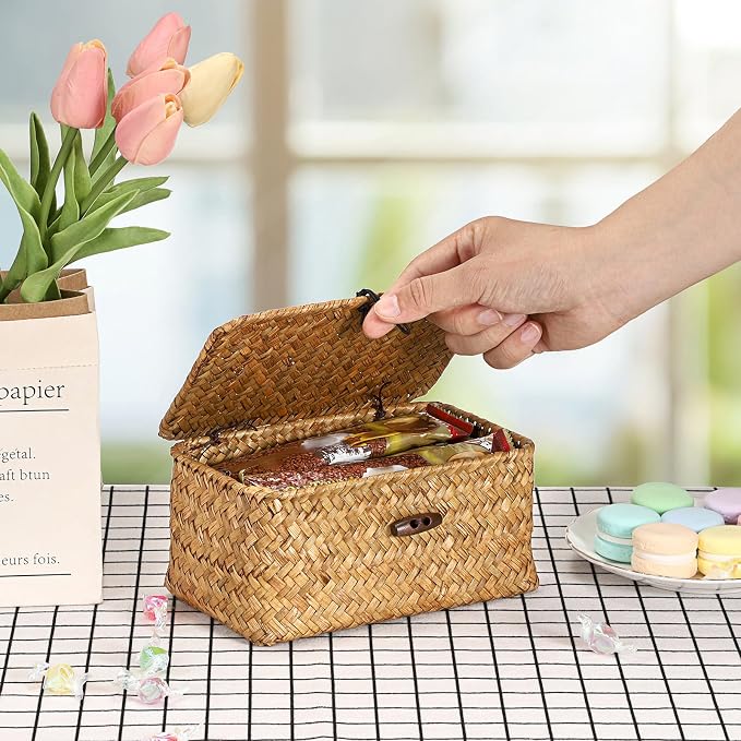 Hipiwe Small Seagrass Wicker Box with Lid Decorative Shelf Basket Bin | Handwoven Basket Storage Boxes for Home Decor, Multipurpose Desktop Organizer, Caramel 7.0" x 4.3" x 3.3"