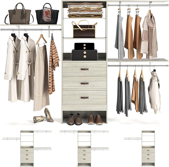 96" Wood Closet System with 3 Enclosed Drawers & 3 Solid Shelves, 8FT Adjustable Closet Organizers and Storage, Heavy Duty Modular Wardrobe for Reach-In & Walk-In, 1000 LBS Load, White Oak