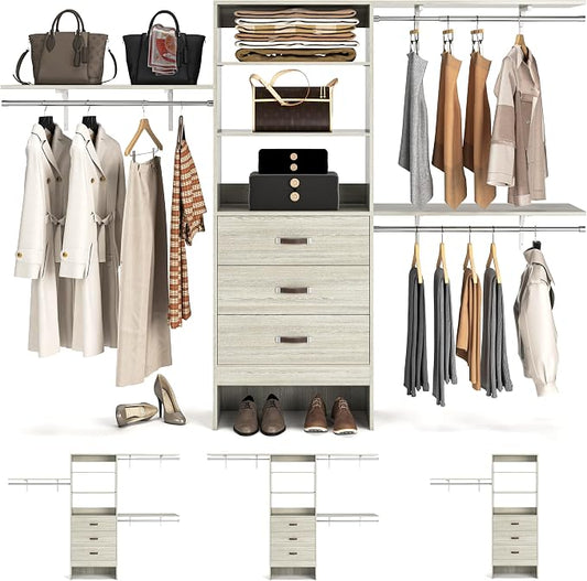 96" Wood Closet System with 3 Enclosed Drawers & 3 Solid Shelves, 8FT Adjustable Closet Organizers and Storage, Heavy Duty Modular Wardrobe for Reach-In & Walk-In, 1000 LBS Load, White Oak