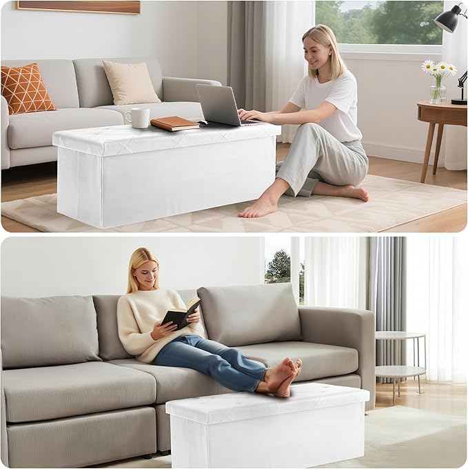 DUMOS 43 Inch Folding Storage Ottoman Bench, Large Ottoman with Storage | Storage Chest with Padded Seat, End of Bed Foot Rest Stool for Bedroom Living Room, Load 660 lbs, Synthetic Leather, Beige
