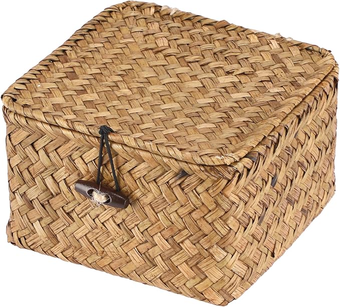 Hipiwe Wicker Shelf Basket Bin with Lid X-small Square Seagrass Storage Box | Handwoven Baskets Bin Boxes Multipurpose Household Organizer for Shelves Home Decor, Caramel Color
