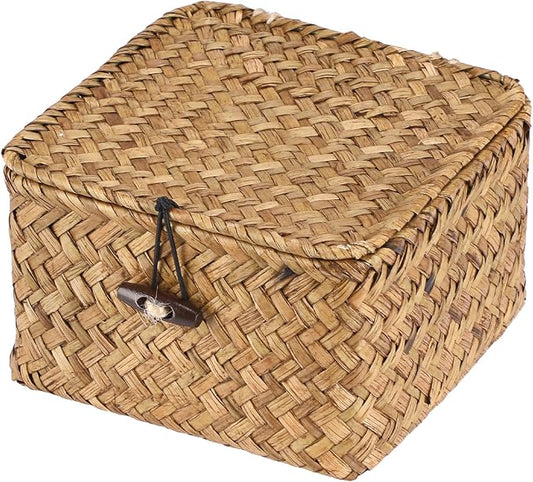 Hipiwe Wicker Shelf Basket Bin with Lid X-small Square Seagrass Storage Box | Handwoven Baskets Bin Boxes Multipurpose Household Organizer for Shelves Home Decor, Caramel Color