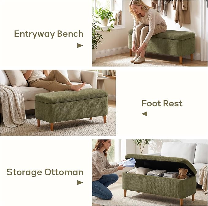 39.4" Ottoman with Storage Upholstered Storage Bench for Living Room | Modern Fabric End of Bed Bench Footstool with Wooden Legs Ottoman Bench for Window Hallway Entryway Bedroom Green